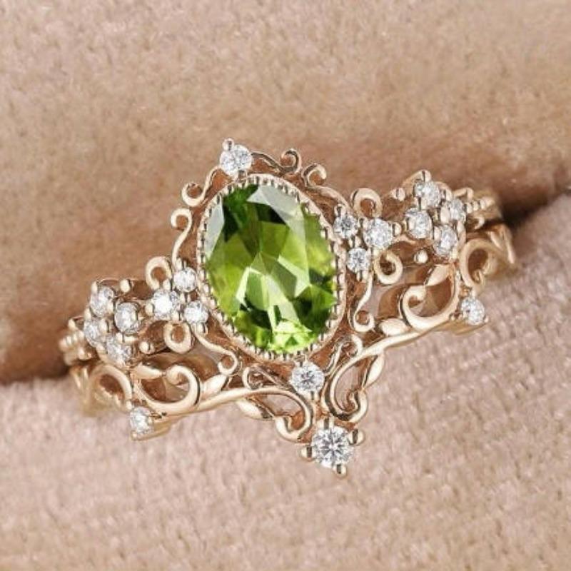 Dazzling Gold Color Inlaid with Round White Green Stone Flower Rings Set Party Engagement Wedding Rings for Women Jewelry