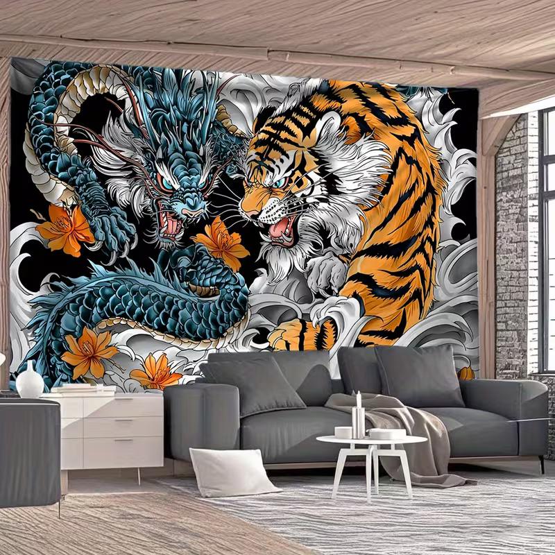 2D Traditional Asian Style Background Cloth Dragon Tiger Floral Wave Banner for Party
