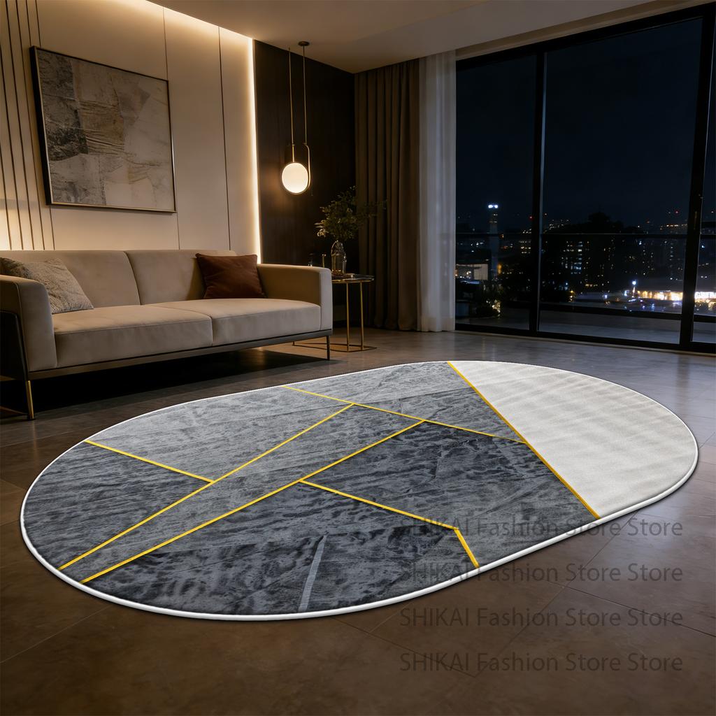 Grey Modern Geometric Style Oval Fluffy Carpet Decoration Living Room Easy Clean Soft Rug Large Area Non-slip Coffee Tables Mats