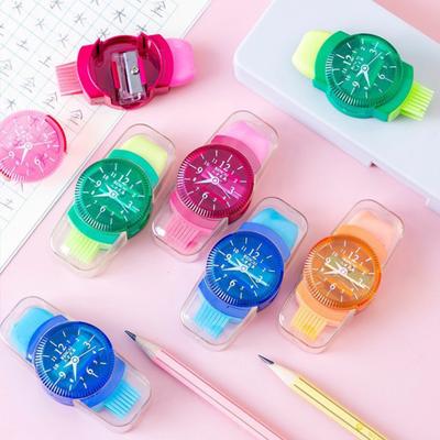 6Pcs Student Pencil Sharpener 3 In 1 Watch Shape Random Colors Pencil Cutter with Reel Eraser Brush