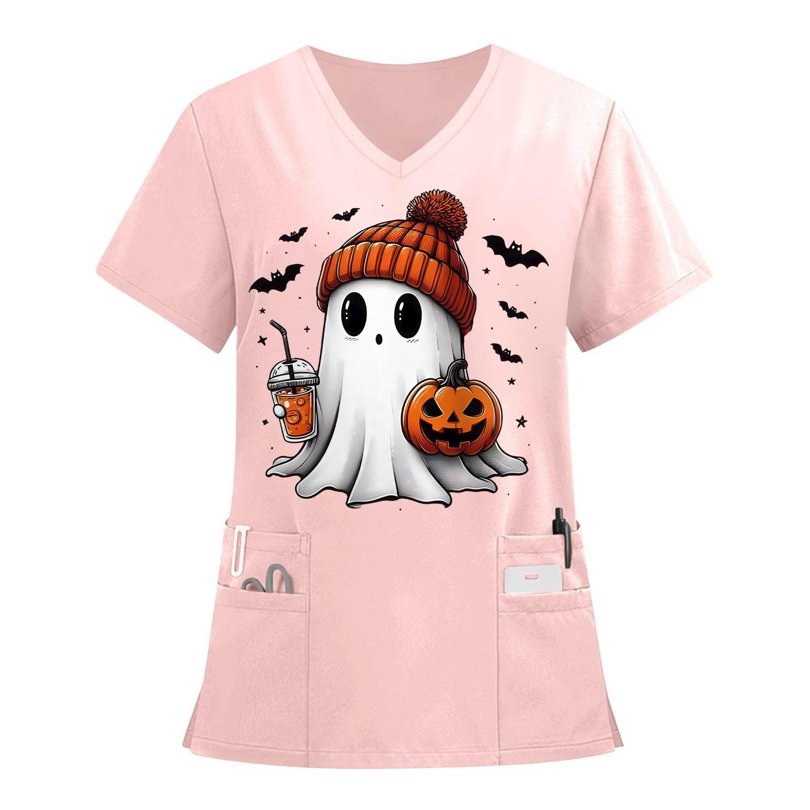 

Women s V-neck Halloween Printed Short-sleeved Pocket Side-slit Protective Suit Top S рожевий