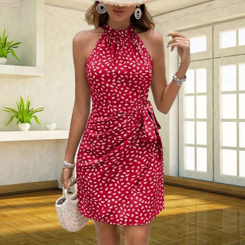 

2025 European and American Polka Dot Dress Sleeveless Hanging Neck Women clothes Simple Casual Daily Short dress Summer Red XL