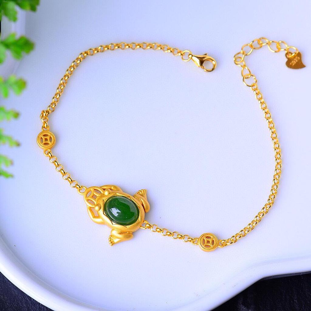 Natural Hetian Jade Golden Toad Bracelet with Inlaid Stones for Good Fortune