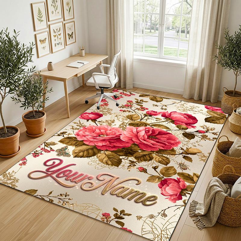 Alfombra de Terciopelo de Cristal con Temática de Jardín Floral Alfombrilla Suave Personalizada con Nombre y Texto Decoración del Hogar