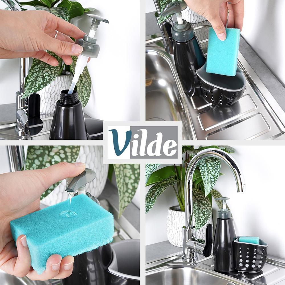 Kitchen Dishwashing Liquid Dispenser Sponge Container Scourer Black for Sink