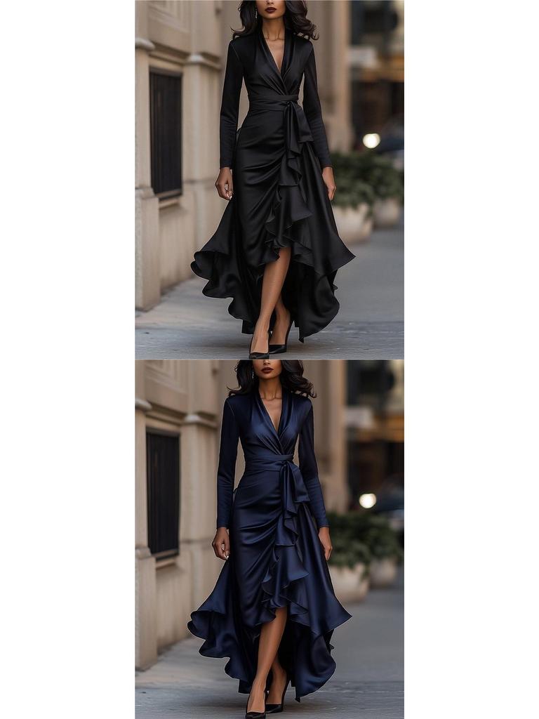 2026 Women's V-Neck Waist-Cinching Elegant Ruffle Dress