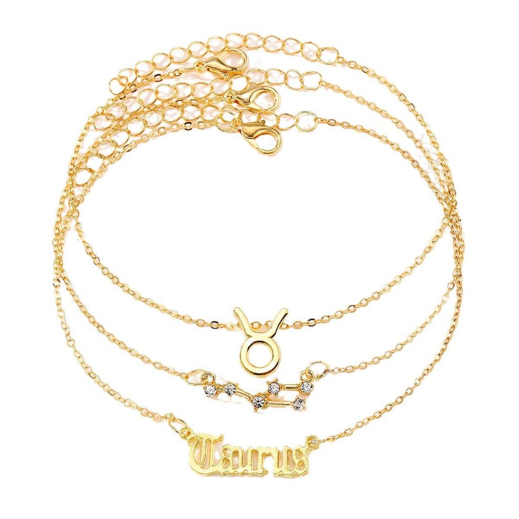 12 Constellation Multilayer Zodiac Anklet Set for Women - Gold Rhinestone High-End Jewelry, 3-Piece