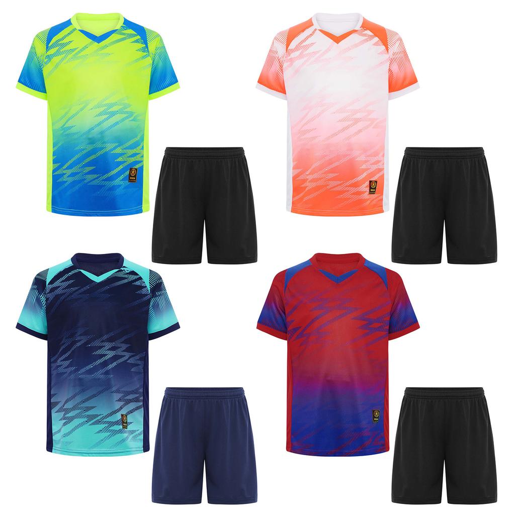 Children‘s Football Training Outfit V-Neck Short Sleeve Patterned T-Shirt and Elastic Waistband Drawstring Shorts for Athletic Practice
