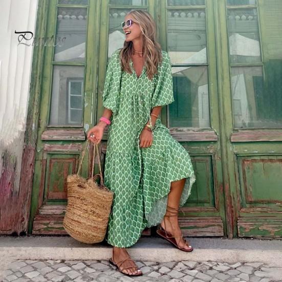 Robe d'été pour femmes, col en V, manches trois quarts à bulles, imprimé géométrique, ample, Patchwork, ligne a, grand ourlet, fluide, printemps, vacances, plage, robe mi-longue