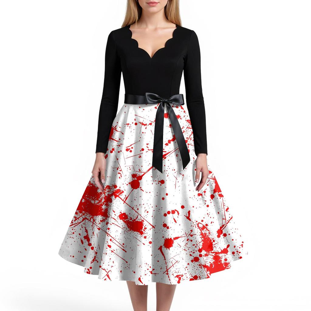 Women's Casual And Fashionable V-neck Long-sleeved Halloween Printed Dress