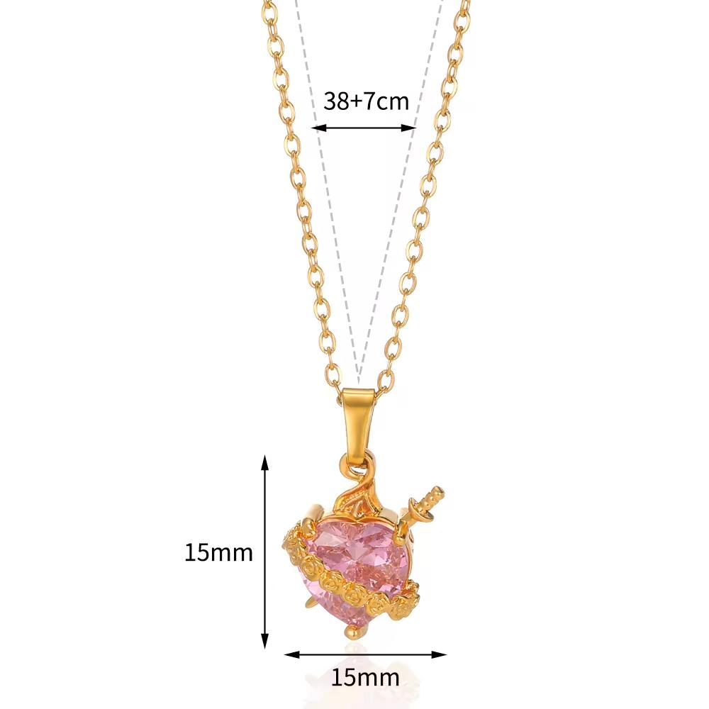 Pink Heart Zircon Necklace Gold Stainless Steel Cupid Eros Arrow Heart Pendant Necklace Korean Fashion Jewelry Party
