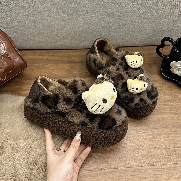 New fashionable and cute cartoon KT cat platform bag heel fluffy shoes women's versatile velvet warm snow cotton shoes