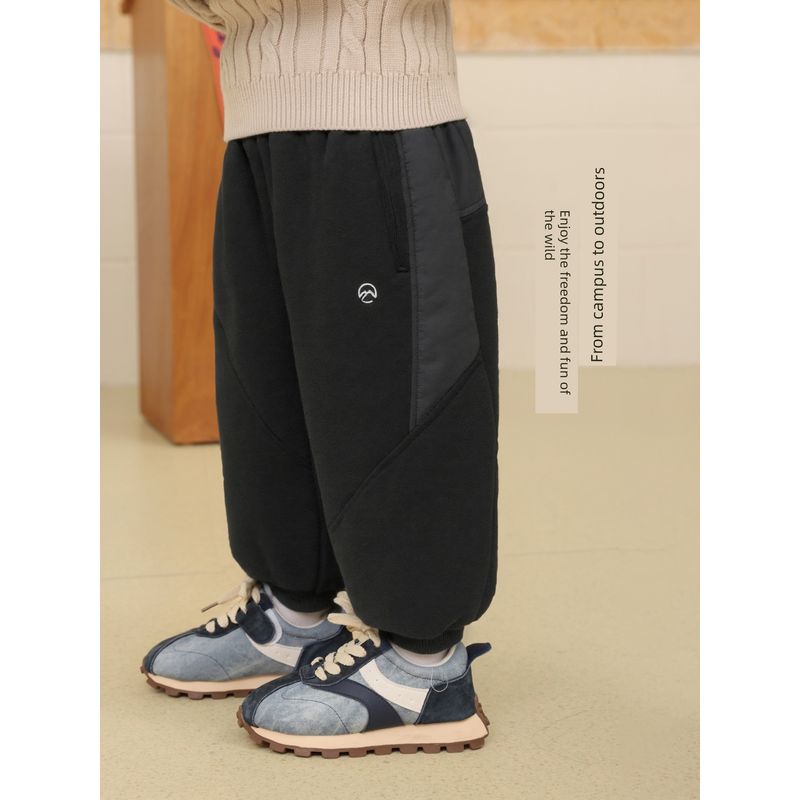 Boys' Mountain-Style Patchwork Fleece-Lined Sports Pants, Casual Thickened Sweatpants, Children's Winter Clothing, Trendy Children's Wear U16781