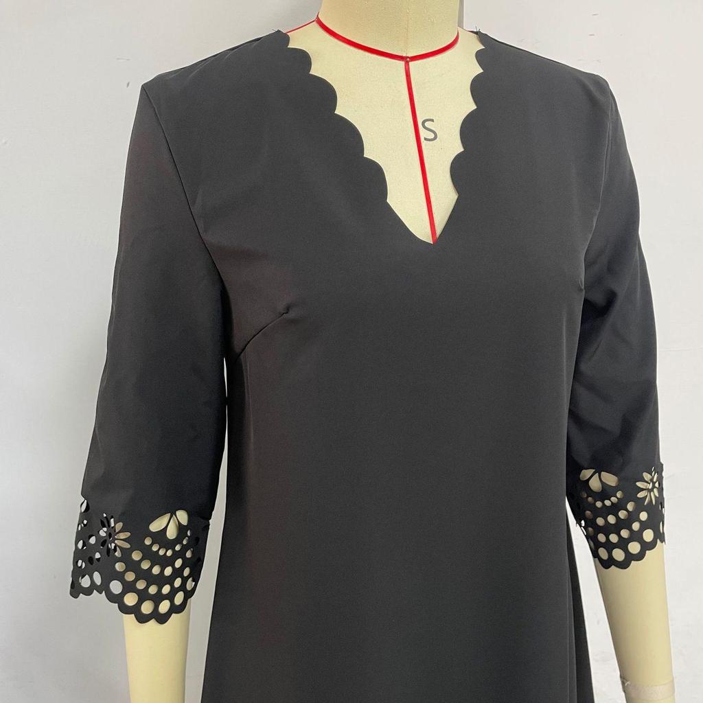 Frühling Sommer Frauen Einfarbig Spitze Kragen Kleider Lose Taille Mitte Lange Blütenblatt Ärmel Kleid S-XL