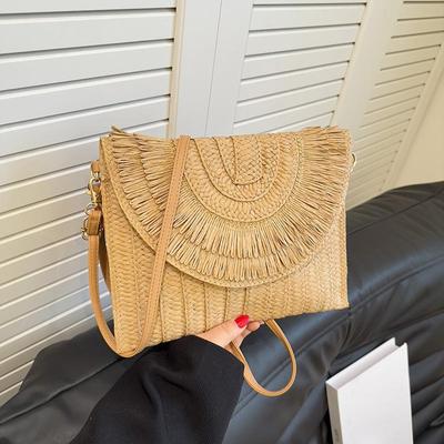 Pochette en raphia tissée pour femme, sac à main en paille à pompon, sac à bandoulière décontracté pour l'été, idéal pour les vacances