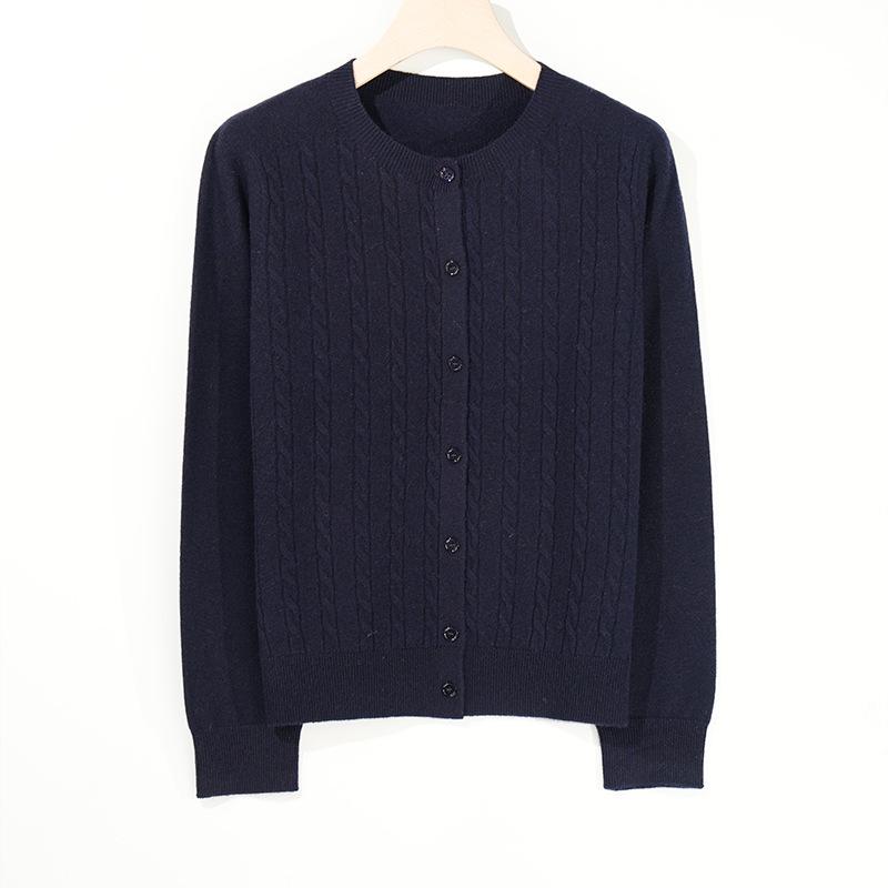 Women's 100% Wool Cable Knit Cardigan, Round Neck, Retro Raf MIU Style Sweater for Spring & Autumn.