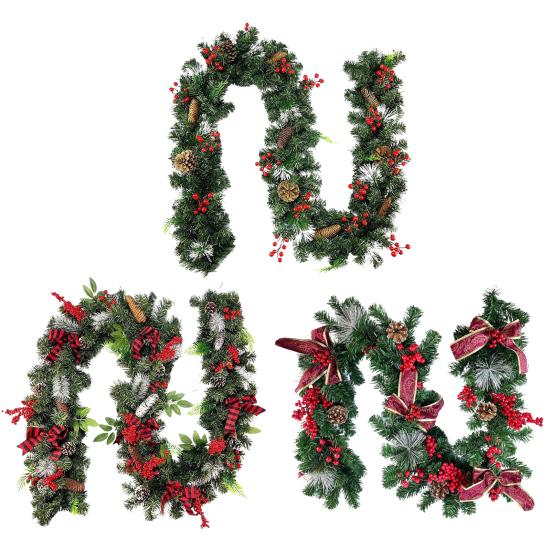 180/270CM Christmas Artificial Pine Garland with Bow Red Berries Pinecone Faux Pine Needle Rattan Mantle Fireplace Porch Hanging Decoration
