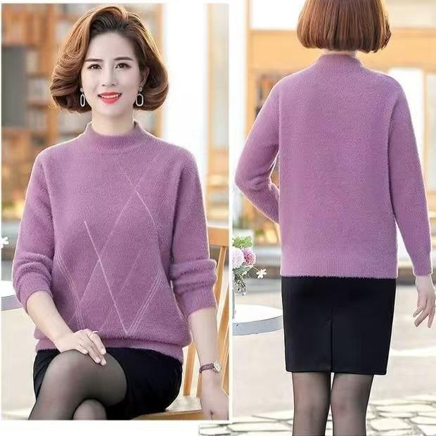 Women's Mink Fleece Sweater Winter Thick Pullover Knitwear Half Turtleneck Warm Knit Top Plush Jumper