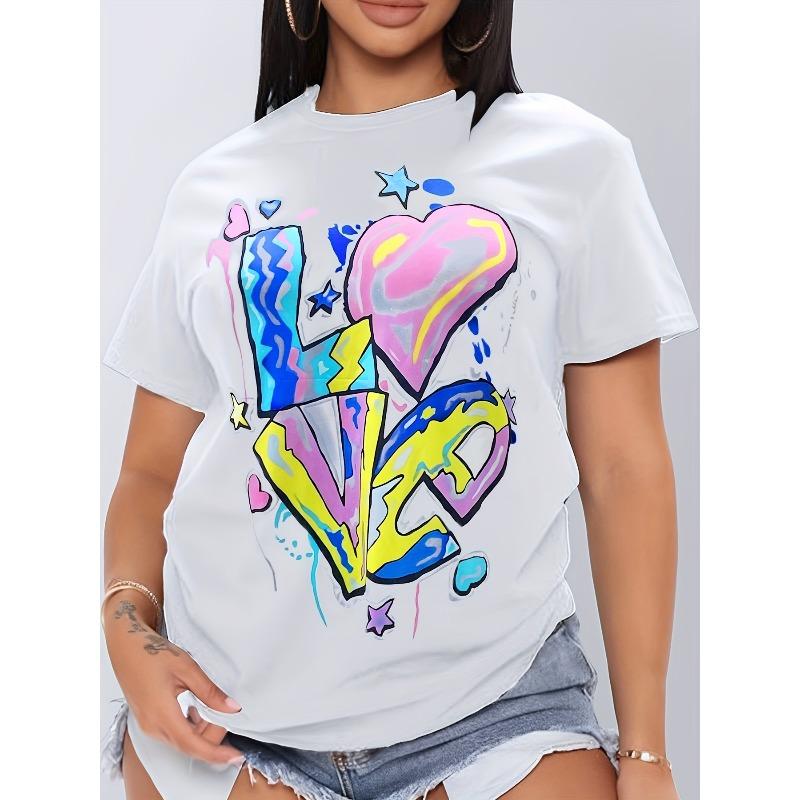 

European Size Women s Casual White T-Shirt with Letter Print, Polyester Blend, Round Neck, Machine Washable 4XL