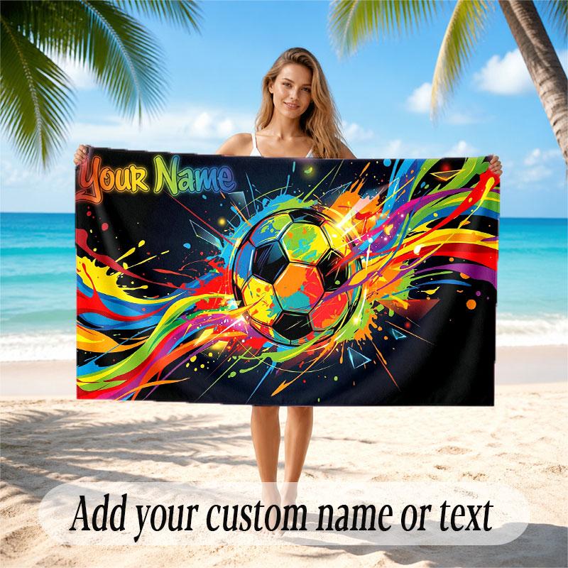 Soccer Theme Beach Towel Personalized Custom Name & Text Soft Quick Dry Beach Towel for Swimming Travel