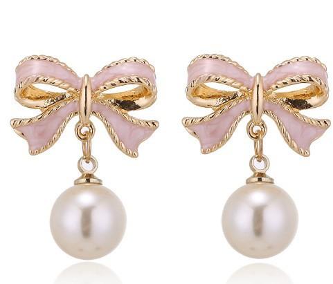 Black and Red Imitation Pearl Bow Drop Earrings for Women Geometric Wedding Party Pain… More