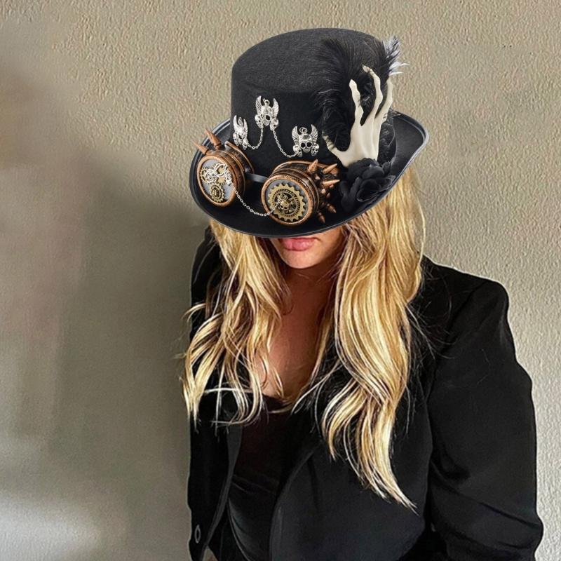 Steampunk Flat Top Hat Halloween Costume Hat Black Carnivals Top Hat with Goggles and Hand Skeleton for Women Dress Up