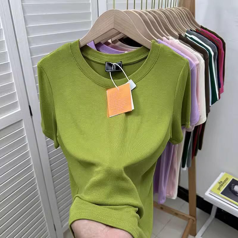 European Plus Size Ribbed Loose Short Sleeve T-shirt, Women's Green Base Layer Blouse