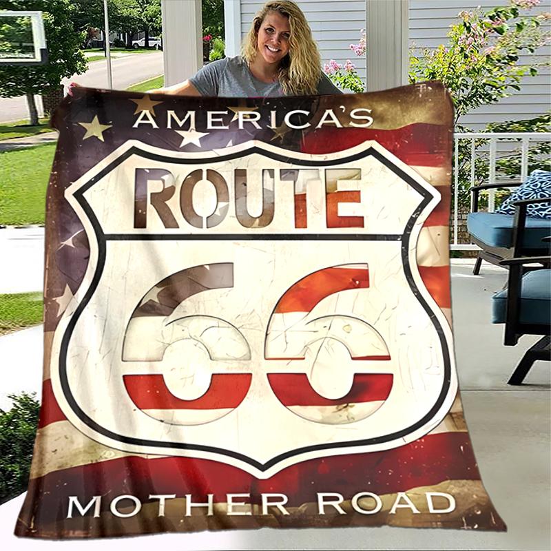 1pc Blanket U.S. Route 66(1) Print Design, Lightweight Blanket for Sofa, Bed- Soft &Warm, Gift for All Seasons like Christmas, Halloween