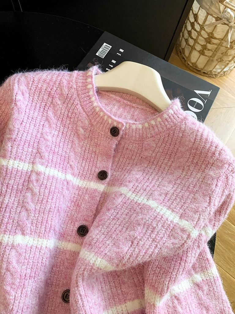 2026 Autumn Korean Style Loose Striped Knit Cardigan Women's Trendy Sweater Coat