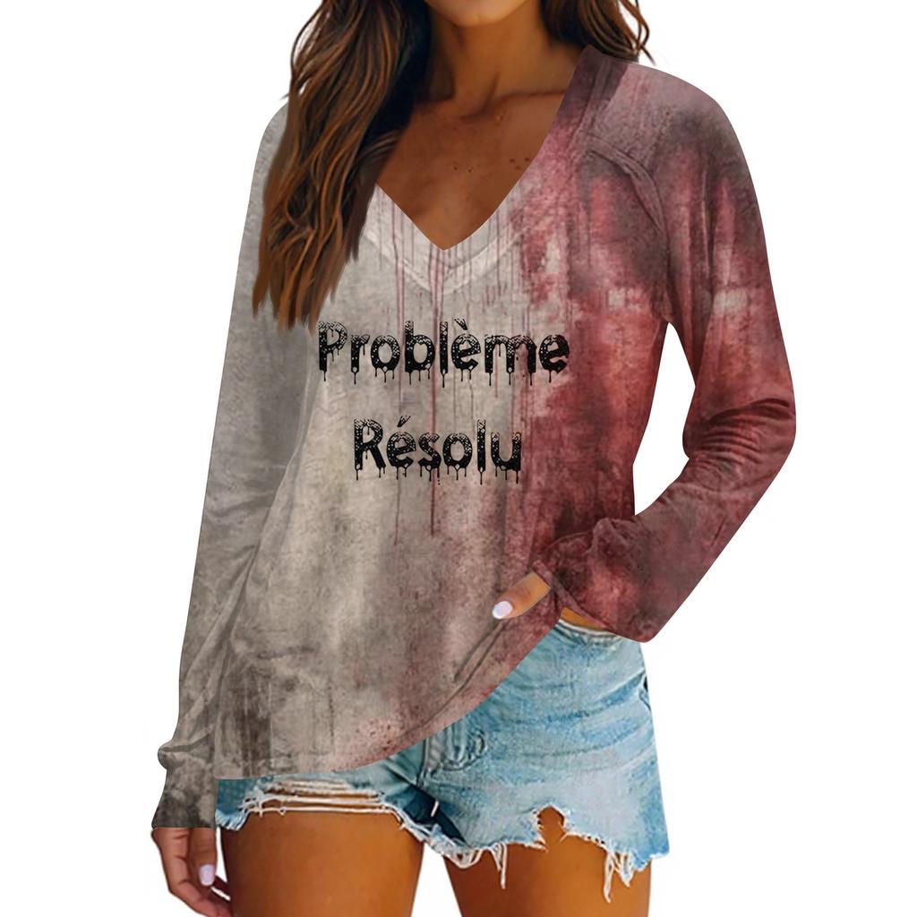 Women's Casual Fashion Snowflake Printed Vintage Casual Print Long Sleeve V-Neck Pullover Top Blouse