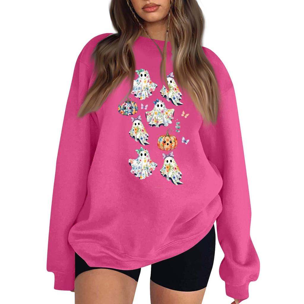 Women's Comfortable Casual Sweatshirt with Long Sleeve, Round Neck, Loose Fit, Small Halloween Print and Color Options
