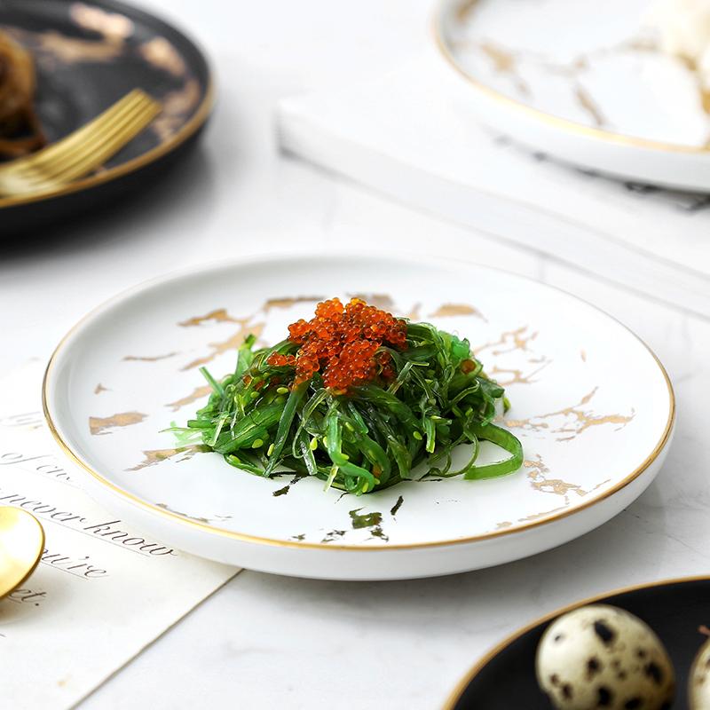 Nordic Salad Plate Golden Inlay Dinner Dish Marble Pattern Steak Plates Home Hotel Ceramic Food Dishes Tray Drop