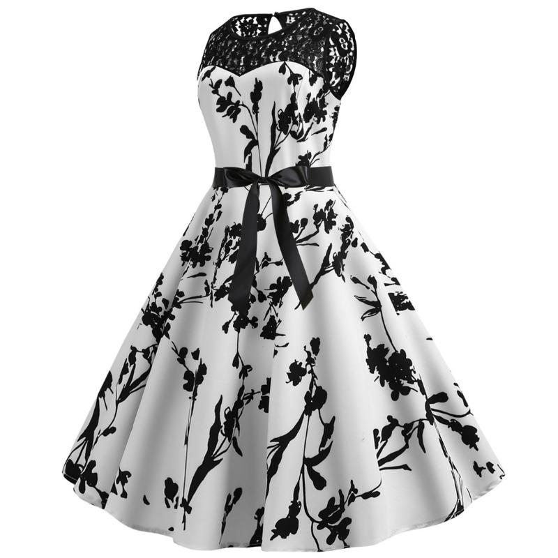 Summer Lace Crew Neck Sleeveless Printed Vintage Lace-Up Dress