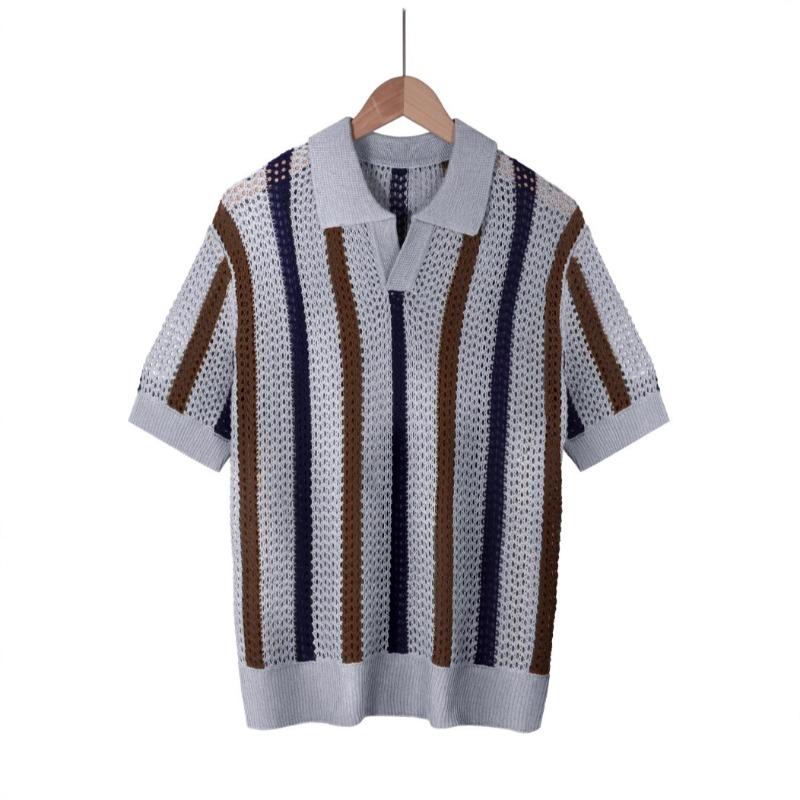 

European American Men s Summer Short-sleeved T-shirt Simple Designer Geometric Color Block Striped Round Neck Knitted Top S сірий колір