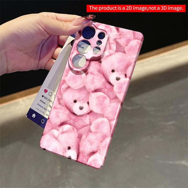 2DFlat Samsung Phone Case Pink Teddy Bear Fuzzy Pattern Phone Case Applicable To Galaxy S23 S24 S25ULTRA S26 A12 A14 A15 A16 A54 A55