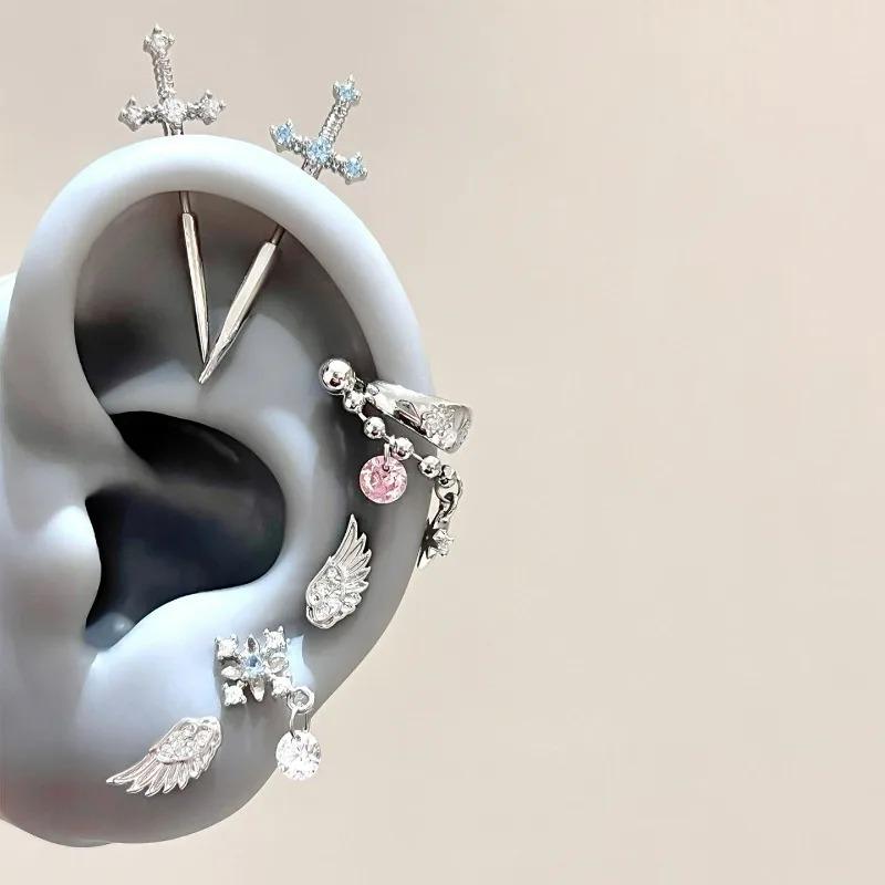 1 Pcs Star Chain Zircon Hoop Earrings Women Stainless Steel Cartilage Ear Bone Nail Earrings, Cross Trendy Body Piercing Jewelry
