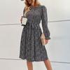Women's Fashion Leisure Temperament  And Winter Long Sleeve Lace Print Base Dress