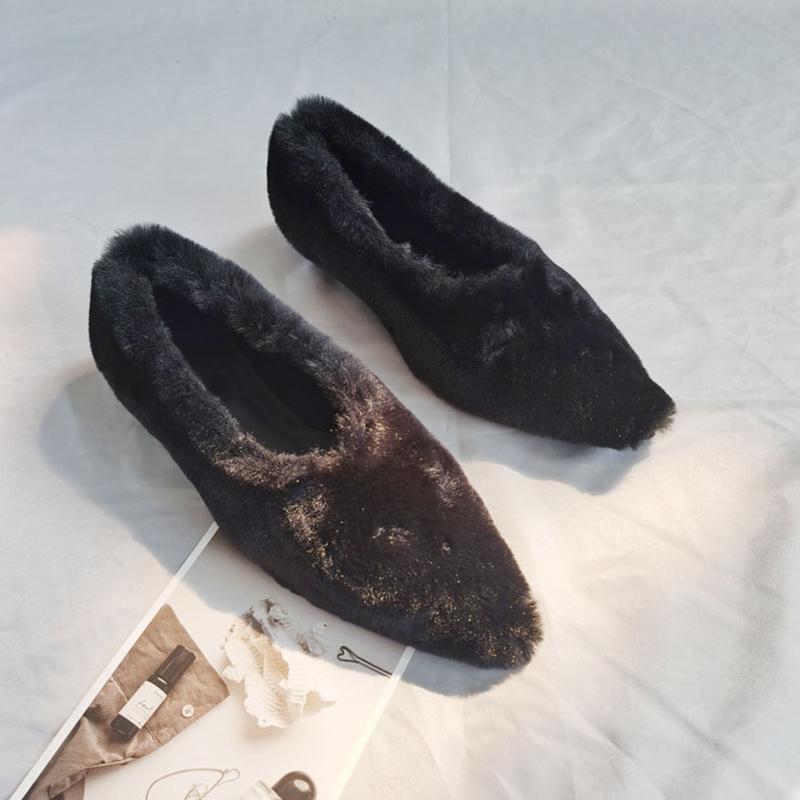 Fashion Fashion Pointed Toe Fur Ballet Flat Woman Winter Warm Plush Shallow Loafer Ladies Concise Furry Heeled Dress Shoes Zapatos Mujer