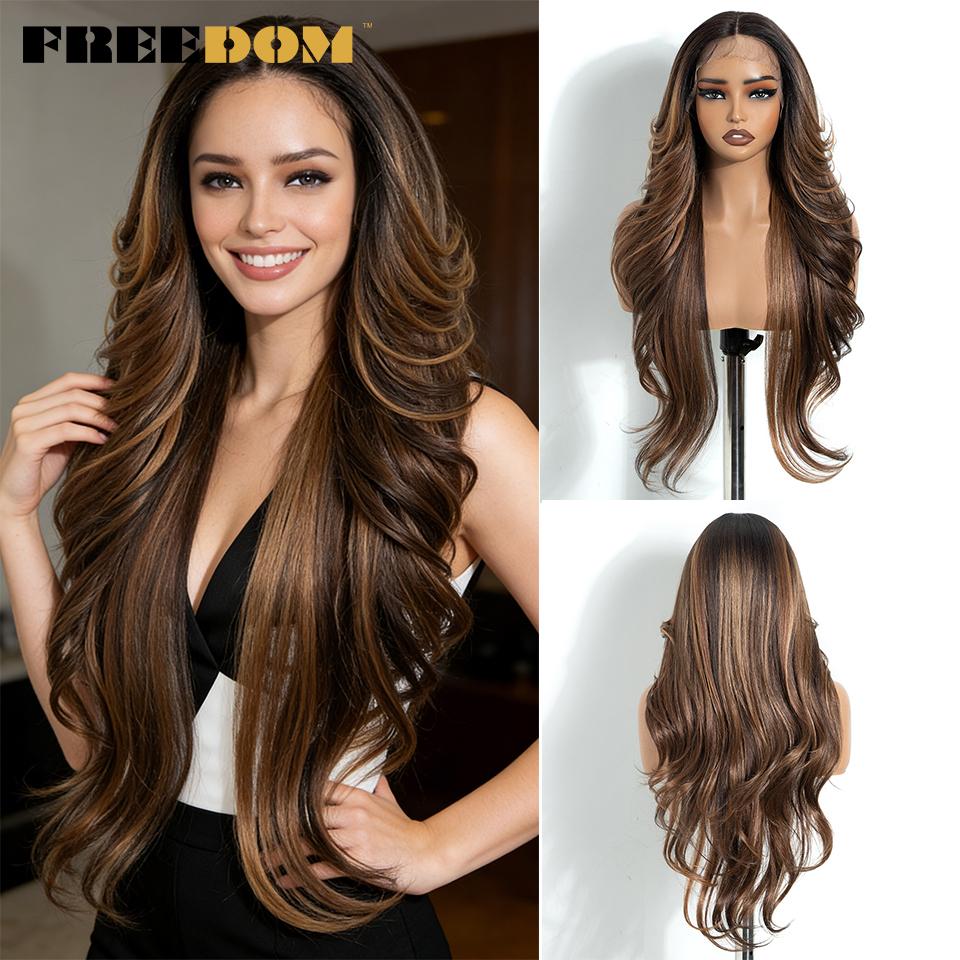 FREEDOM Synthetic Lace Front Wigs For Women 28 Inches Long Layered Wavy T Part Ombre Brown Blonde Wig With Bangs Cosplay Wigs
