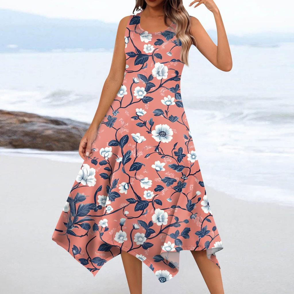 Lässiges, modisches Damen-Midikleid mit Rundhalsausschnitt, ärmellos, Blumendruck, unregelmäßiger Saum
