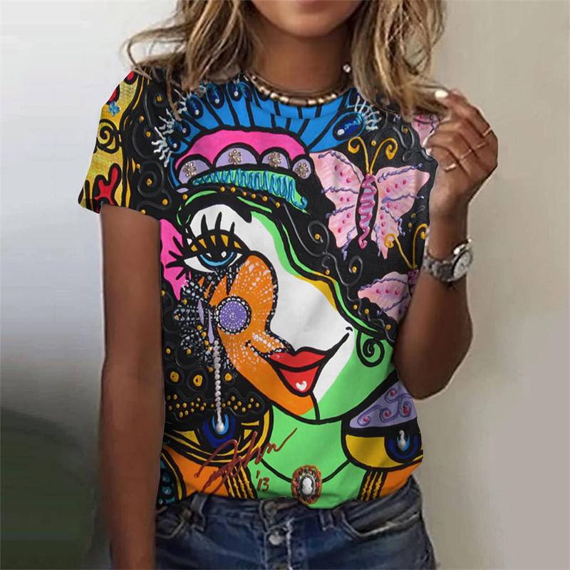 Classic Girls Face Painting 3D Graphic Tee Fashion Floral Print T Shirts For Woman Girl Street Harajuku Colorful Tshirt Tops