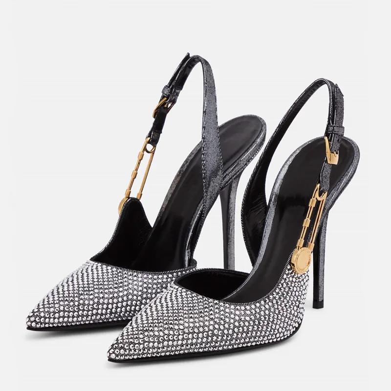 Fashion Women Shoes Luxury Rhinestones Sequined Buckle High Heels Elegant Pointed Toe Slingbacks Stiletto Shoes for Women Fashion Shoes