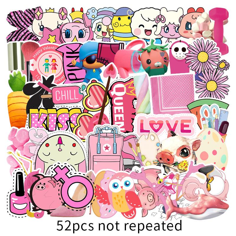 52 Unique Pink Series Waterproof Stickers for Suitcases, Cars, Motorcycles, and Phones