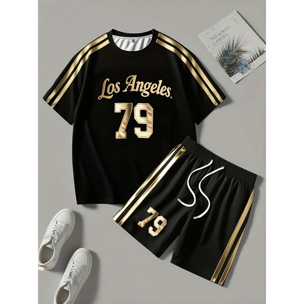 2026 New Spring American Hip-hop Style Men's Round-neck Top And Casual Shorts, Street Fashion Trend Men's Short-sleeved 2pcs Set