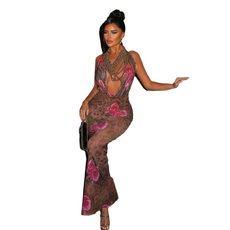 Sexy Neckholder Neckholder Taschenhals Print Kleid Damen Sommer Gewürzkleid