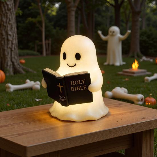 Yousheng Ghost Bible Lamp Cute Ghost Reading Book Night Light 3D Resin Light Up Ghost Figurine Halloween Table Lamp for Bedroom Home Shelf Indoor