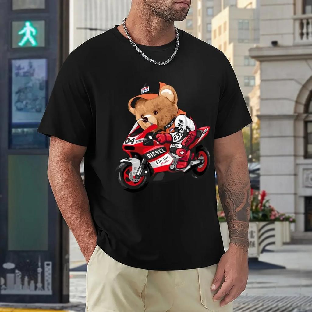 Cute Teddy Bear Riding Motorcycle T Shirt Harajuku Short Sleeve T-shirt 100% Cotton Graphics Tshirt Tops