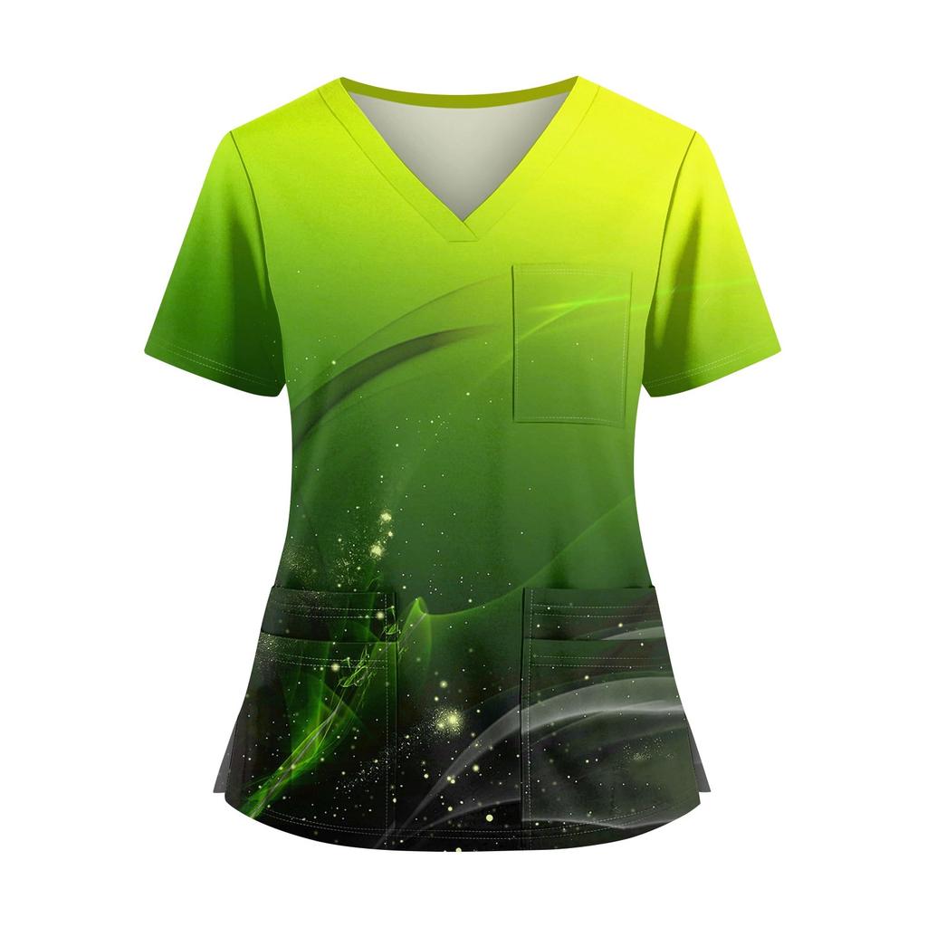 Plus SizePrinted Scrub Working Uniform Tops For Women's Cross V-Neck Halloween Print Short Sleeve Fun T-Shirts Workwear Tee With Pockets