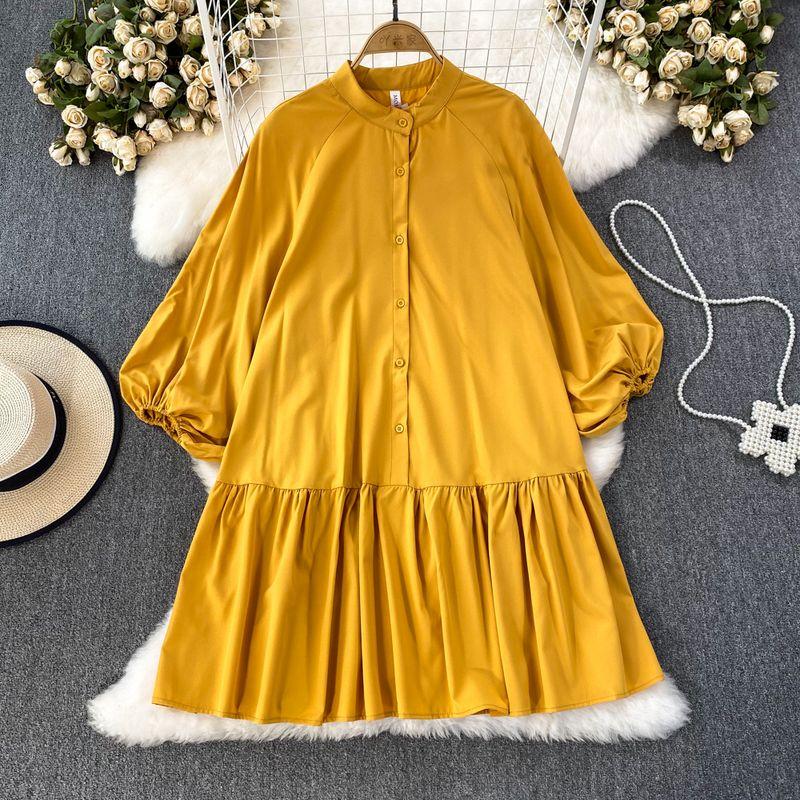

Lantern Long Sleeve Stand Collar Single Breasted Casual Dress Yellow All yards