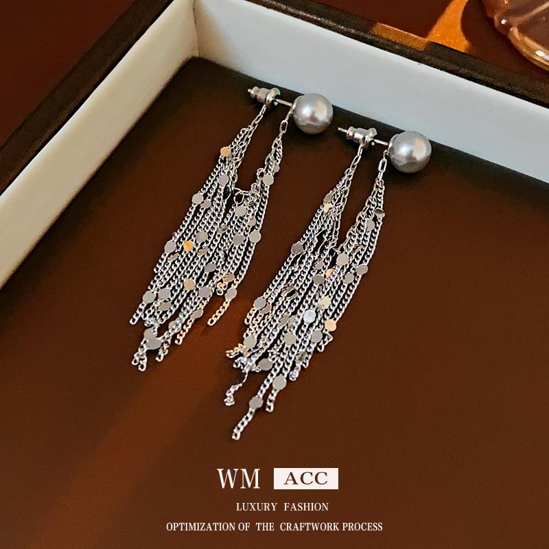 

Серьги с кисточками из серебряной иглы и жемчуга с блестками, корейские модные металлические серьги, легкие роскошные и элитные серьги